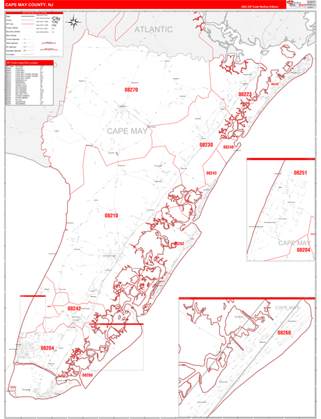 Cape May County, NJ Wall Map Red Line Style